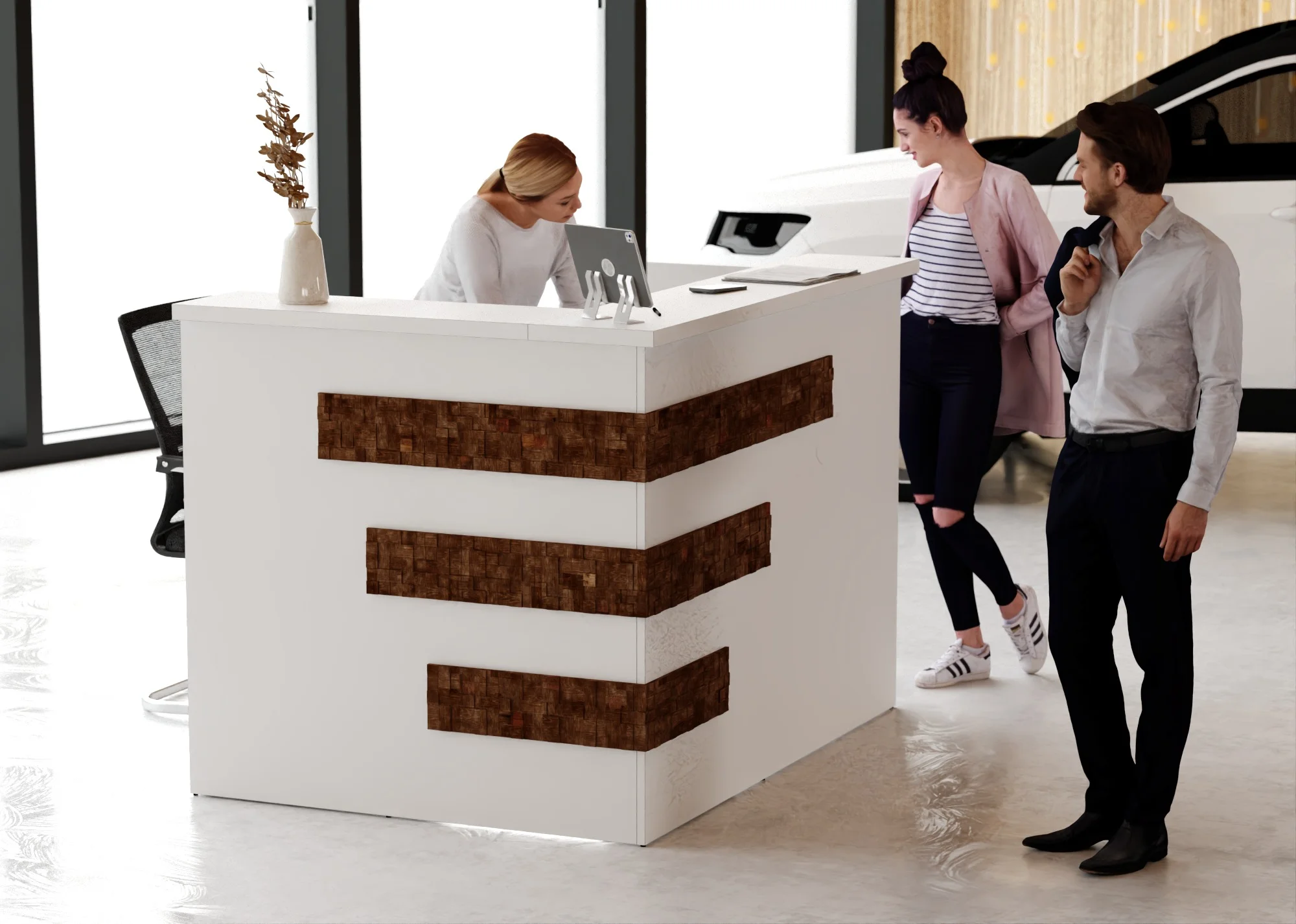 Lada recepcyjna z panelami drewnianymy